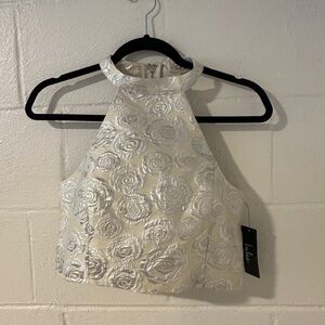 Lulus Silver Ivory Floral Brocade Halter Bridal Crop Top S